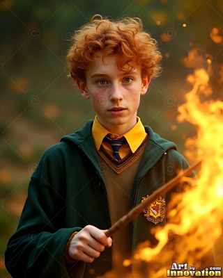 Young red-haired man holding a wooden wand by bright fire flames