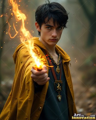 Wearing a yellow cloak in a misty forest, a dark-haired man grips a burst of bright fire