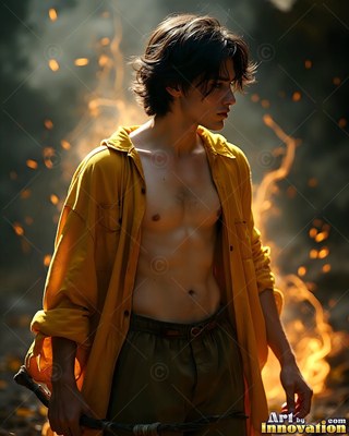 A bare-chested younger man stands in an open yellow shirt beside warm sparks of fire