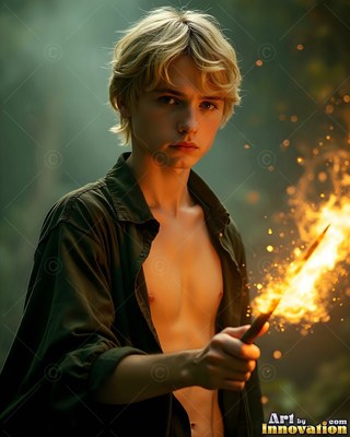 Facing forward in the woods, a young blond-haired man cradles a burning stick
