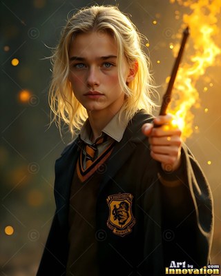 A young blond man in a dark school robe points a flaming wooden wand forward