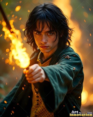 In the fiery woods, a dark-haired youthful man in green robes points a flaming staff