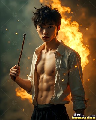 Holding a wand, a young man in an open shirt stands before bright fire