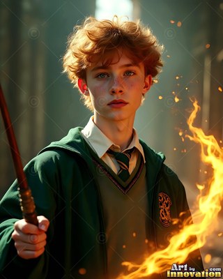 Man in a green school robe holding a wand near bright fire