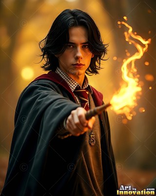 Dark wavy hair frames a youthful man in school robes aiming a fiery wand in a forest