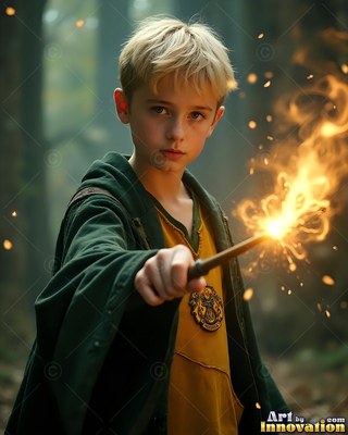A young blond man points a wand that bursts with bright yellow sparks
