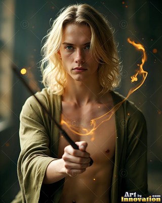 Facing forward in a dim room, a fair-haired man points a wand with a loop of fire