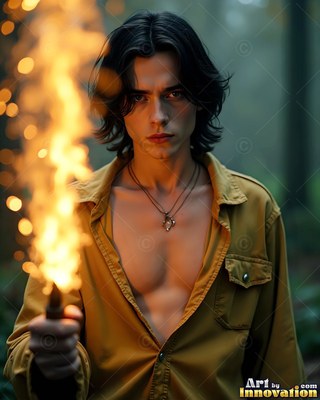 A dark-haired young man in an open yellow shirt holds up a bright flaming wand in the woods