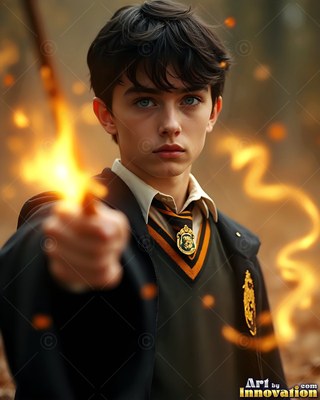 In a dim forest, a man in his youth in a school uniform holds up a flaming wand