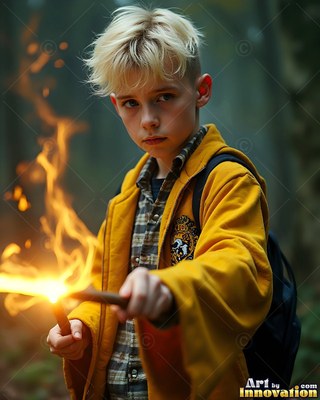 Holding out a flaming wand, a young blond man wears a yellow robe in the woods
