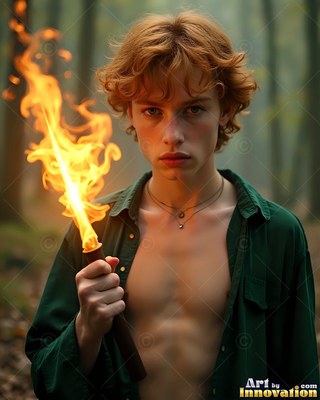 Young man with red hair holding a flaming torch in a forest