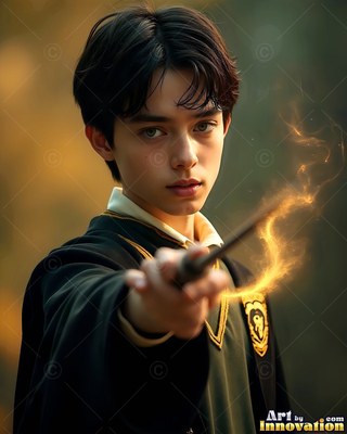 Wearing a yellow-trimmed dark robe outside, a young man points a wand trailing bright smoke