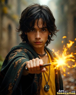 A dark-haired younger man points a wand forward, sending out bright yellow sparks