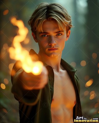 Facing forward in the woods, a blond young man aims bright fire ahead