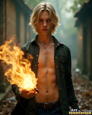 A fair-haired man in an open green shirt holds a bright flame in his hand outside
