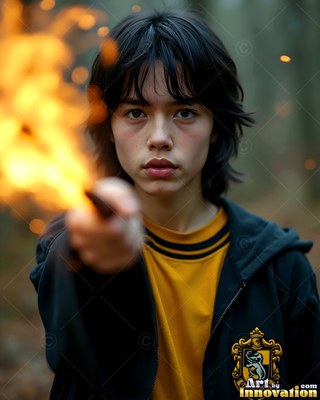 In a dim forest, a young man points a wand with yellow fire sparking from it