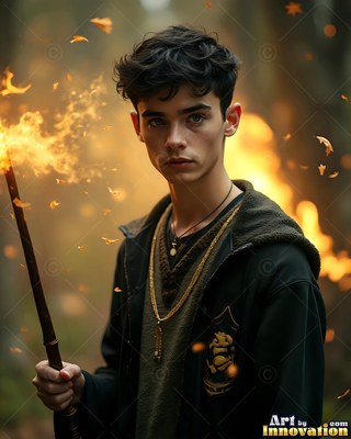 Holding a flaming wand, a young man in dark robes stands before fire in the woods