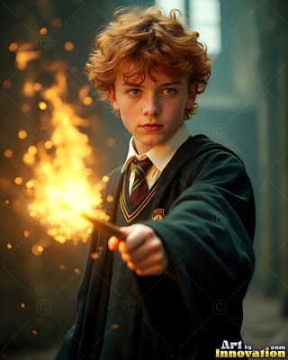 Red curly hair frames a man in his youth in dark robes pointing a wand of bright fire inside a hall
