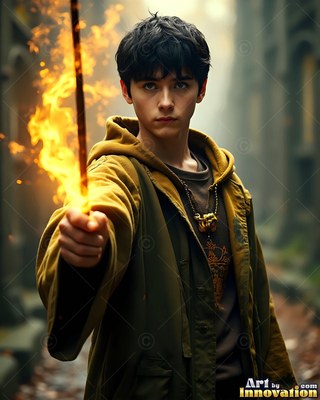 A youthful man points a flaming wooden wand forward with bright yellow fire