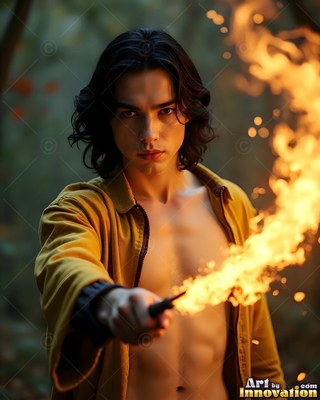 Facing forward in the woods, a shirtless young man in a yellow coat casts fire