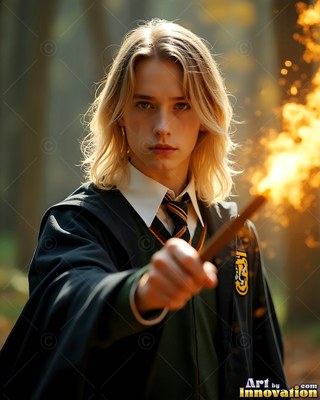 A blond young man points a wooden wand that sparks with yellow fire in the woods