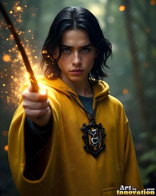 In a dark forest, a man in his youth in yellow robes points a spark-tipped wand forward
