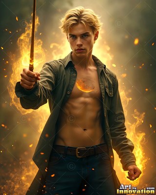 Holding a burning wand, a blond younger man stands shirtless in an open jacket