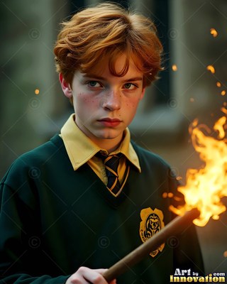 A young man with red hair holds a torch with bright fire