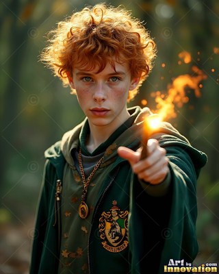 Curly red hair frames a young man in green robes pointing a wand in the woods