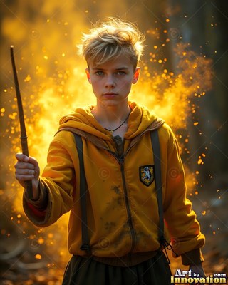A young fair-haired man points a wand forward before bright yellow sparks