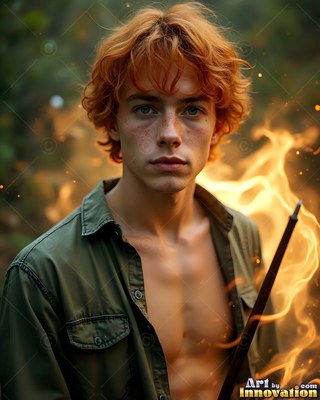 Facing forward outdoors, a red-haired man holds a wand beside bright fire