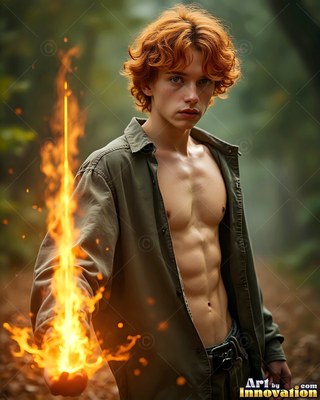 A bare-chested red-haired man in an open green shirt holds bright fire in the woods
