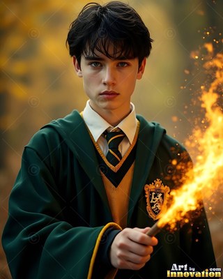 In an autumn forest, a man in a green school robe holds a fiery wand