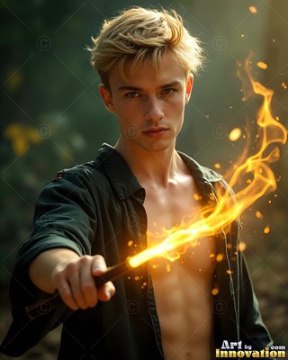 Holding out a blazing wand, a fair-haired man wears an unbuttoned dark shirt outdoors