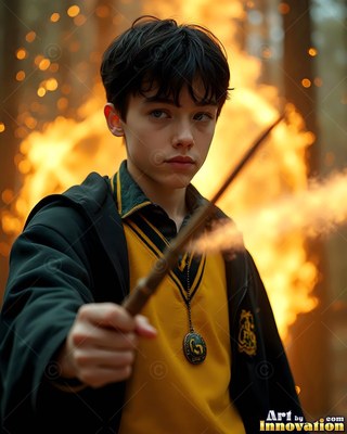 Youthful man in yellow vest pointing a wand with sparks