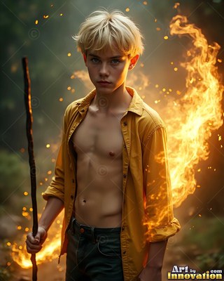 Unbuttoned yellow shirt on a young blond-haired man holding a staff in a fiery forest woods