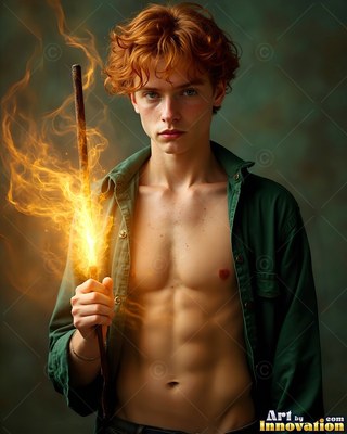 A bare-chested red-haired man clasps a flaming wand in an open green shirt under soft studio light