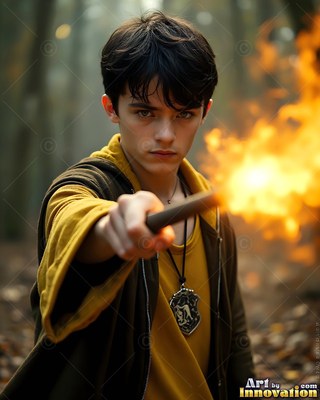 Facing forward in the woods, a younger man points a wand with yellow fire