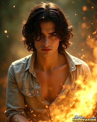 A dark-haired man in an open tan shirt sits before bright yellow flames