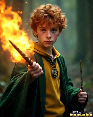 In a dark forest, a young red-haired man grips a flaming wooden wand