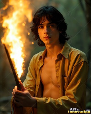 Holding a flaming wand, a younger man in an open yellow shirt stands in a forest