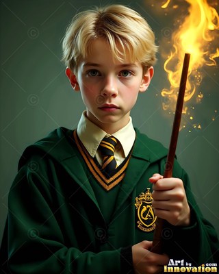 Young blond man holding a wand tipped with fire