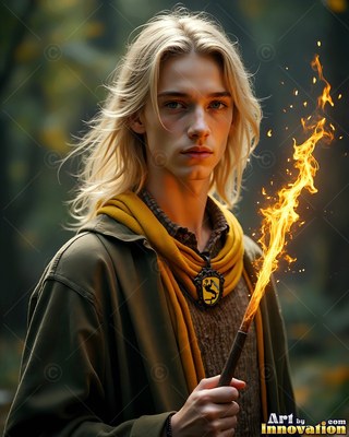 In a yellow scarf, a yellow-haired man cradles a wand tipped with fire in a dark forest