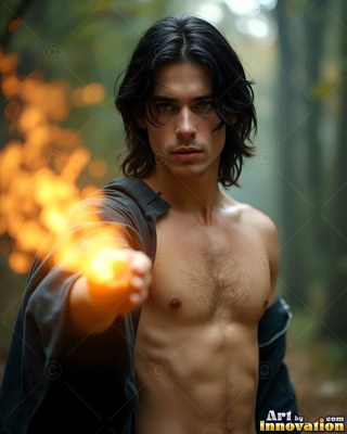 A shirtless man casts fire from his hand, lit by a bright orange burst of flame
