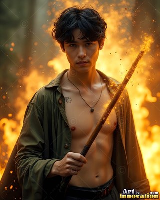 Facing forward in a burning forest, a shirtless young man holds a fiery wand