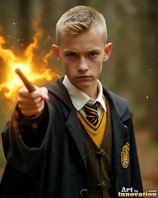 A young blond-haired man in school robes points a flaming wand forward