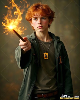In a shadowy room, a young red-haired man points a wand sparking yellow flame
