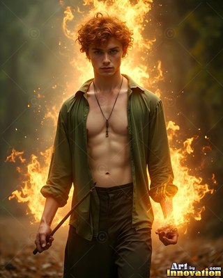 Standing in flames, a shirtless man clasps a small rod in a forest path