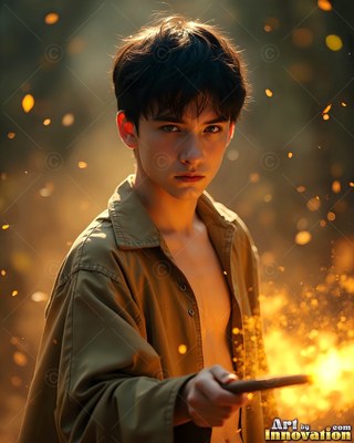 Young man in an open brown shirt pointing a lit wand