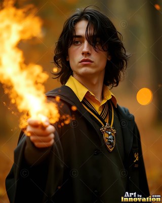 Wearing a yellow collared shirt, a dark-haired younger man casts fire in an autumn forest